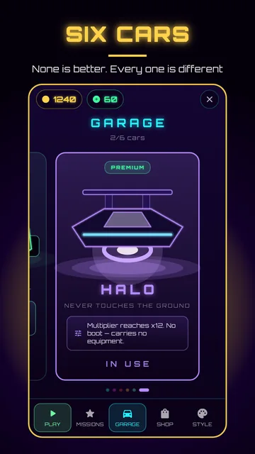 The garage: HALO, multiplier reaches x12, carries no equipment