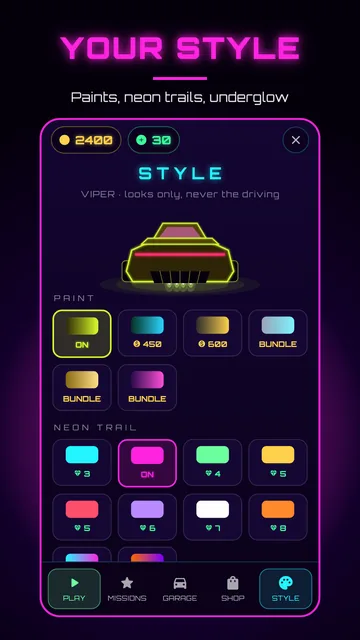 Style: paints, neon trails and underglow, looks only